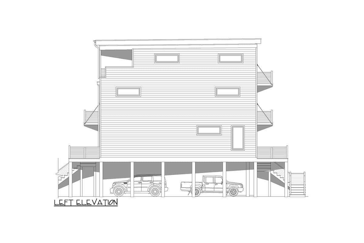 Left elevation drawing of a three-story house plan with horizontal siding, balconies, and a raised foundation parking.