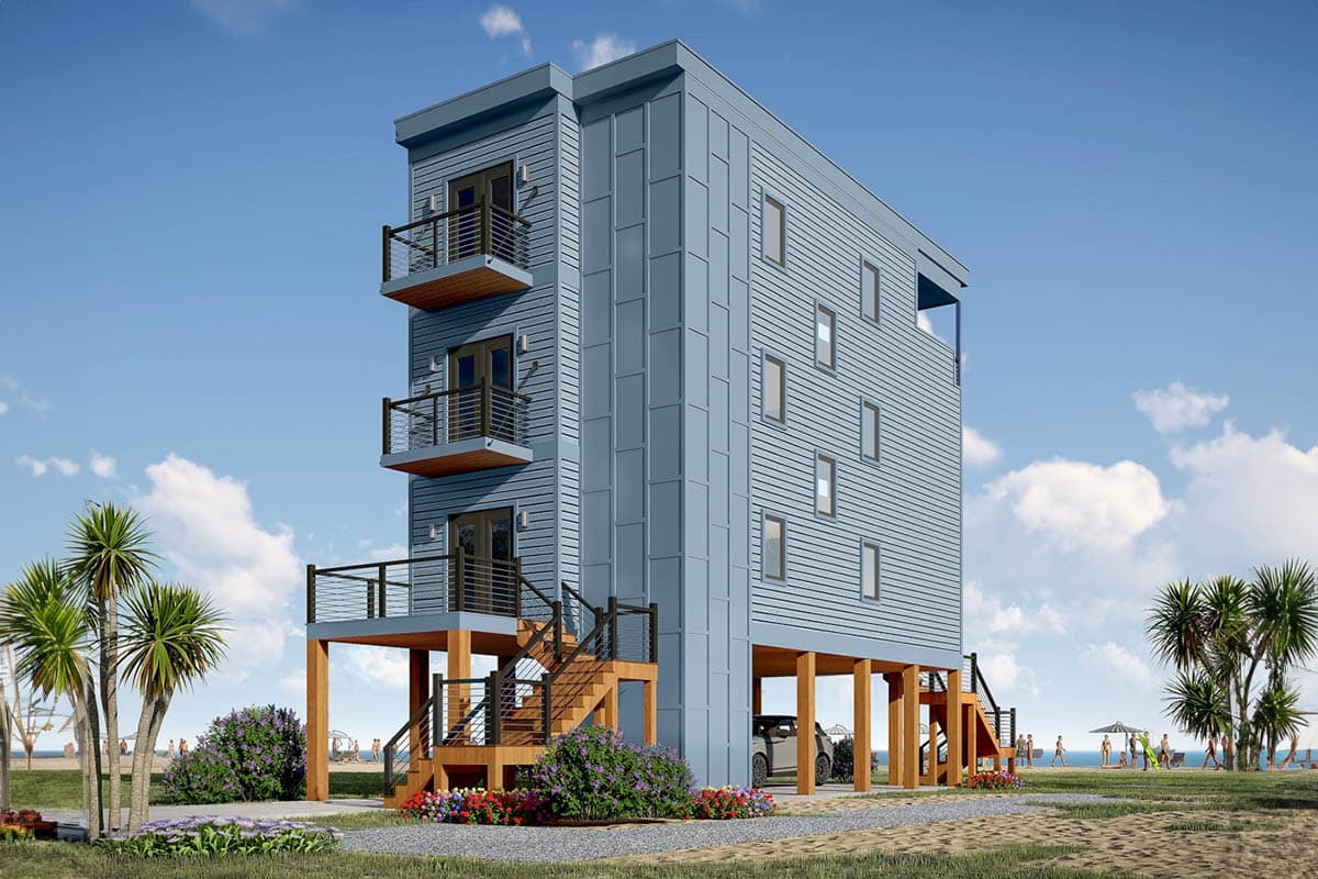 House plan exterior. Modern style, three-story building with multiple balconies and a raised foundation. Stairway leads to the second-story entrance.
