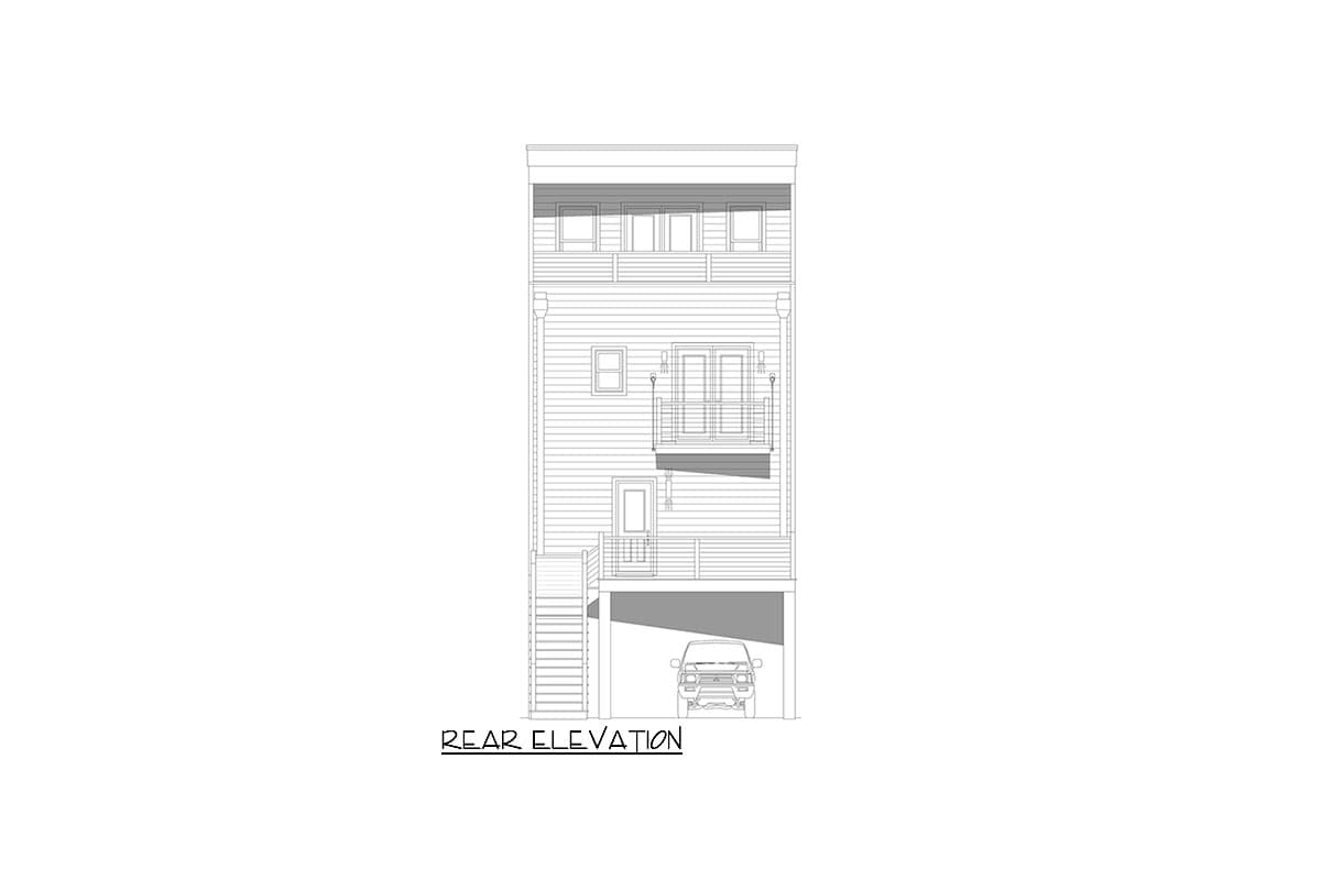 Rear elevation drawing of a three-story house with a balcony, an attached garage, and exterior stairs.