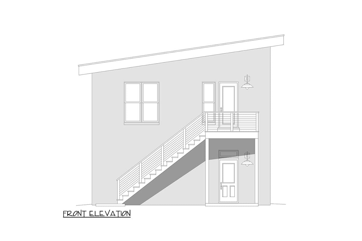 Front elevation drawing showing a sloped roof, exterior stairs, upper balcony with railing, and two doors.