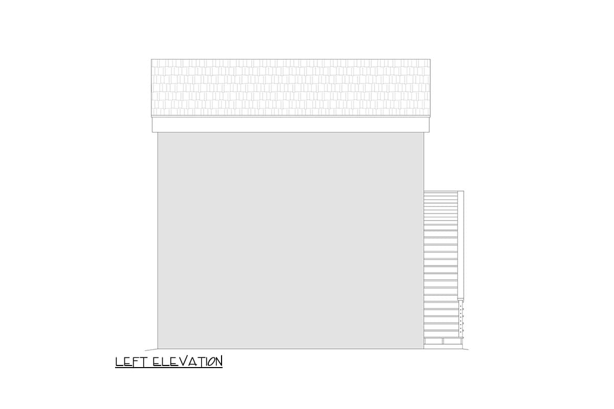 Left elevation drawing of a house plan showing a plain wall, pitched roof, and exterior stairs.