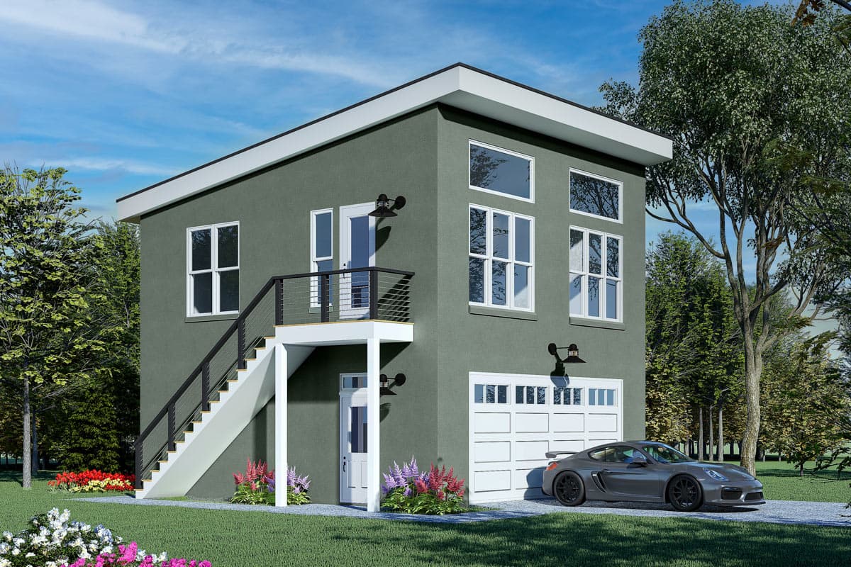 House plan exterior. Two-story, Modern style. Features include flat roof, garage door, exterior staircase, and multiple large windows.