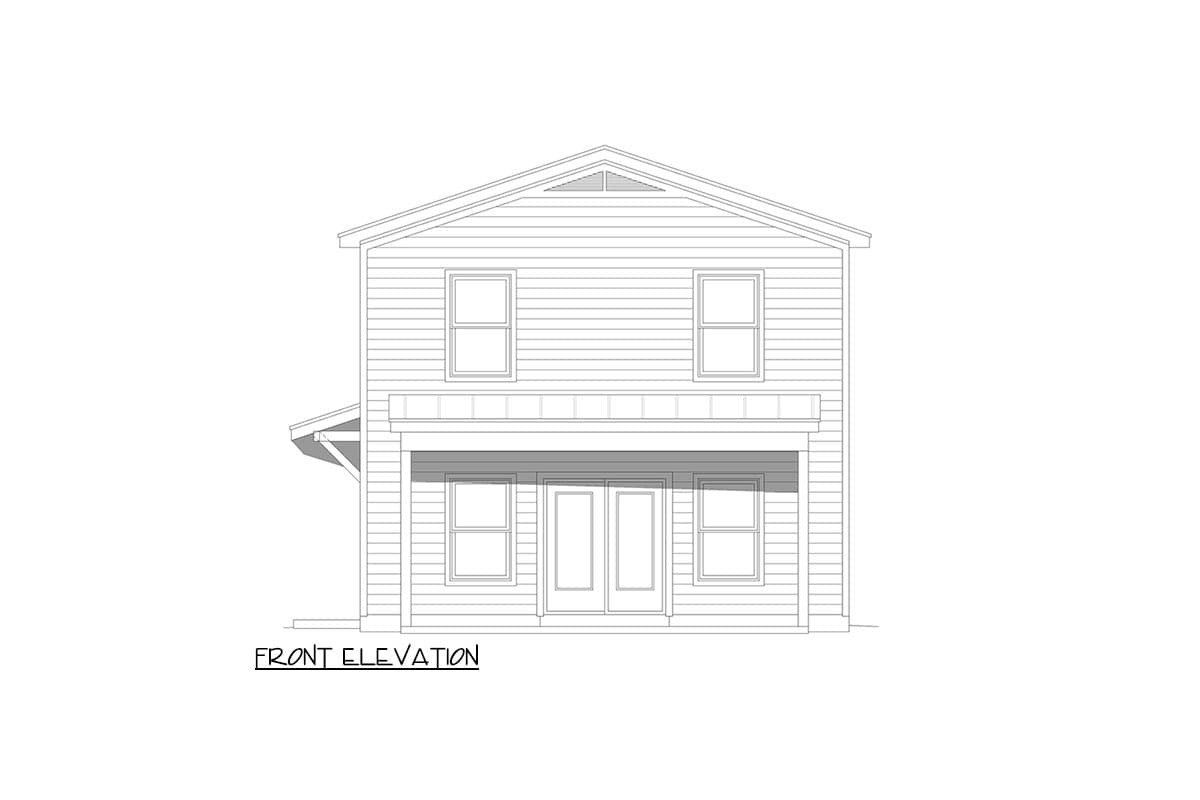 Front elevation drawing of a two-story house with a gable roof, covered porch, and double doors.