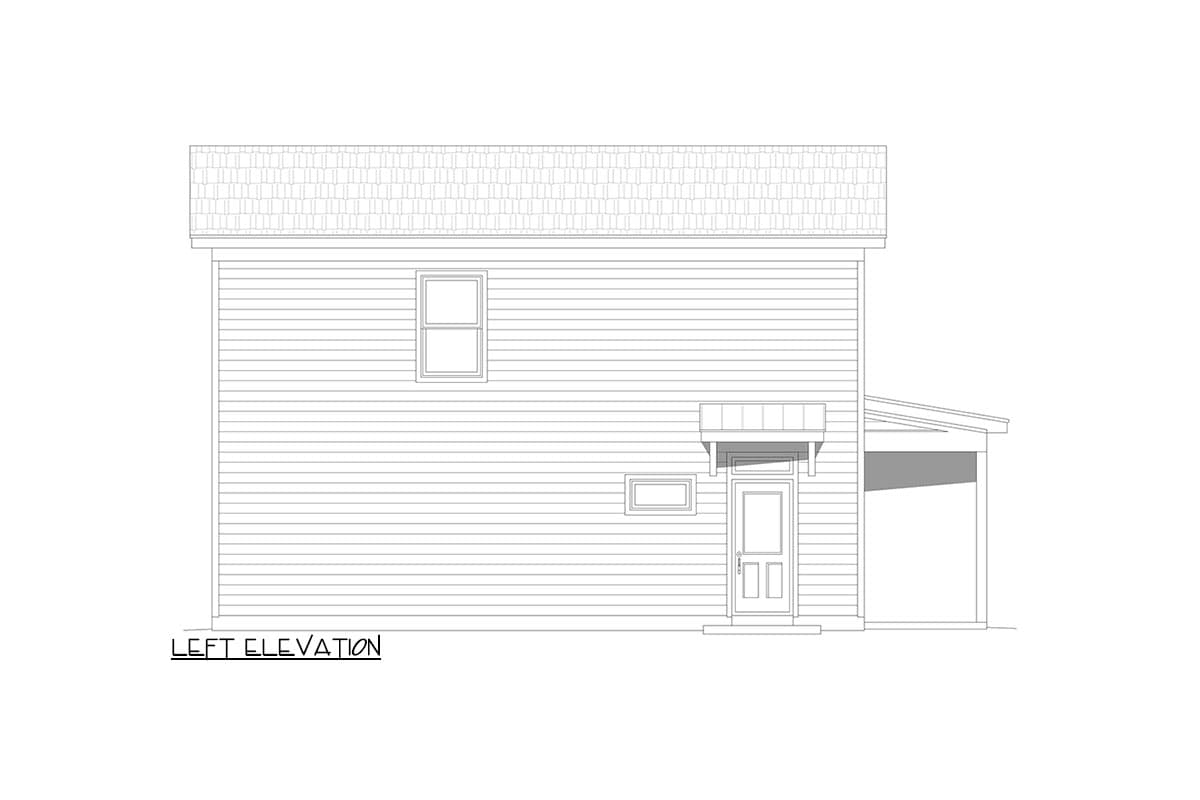 Left elevation drawing of a two-story house with horizontal siding, one front door with awning, and two windows.