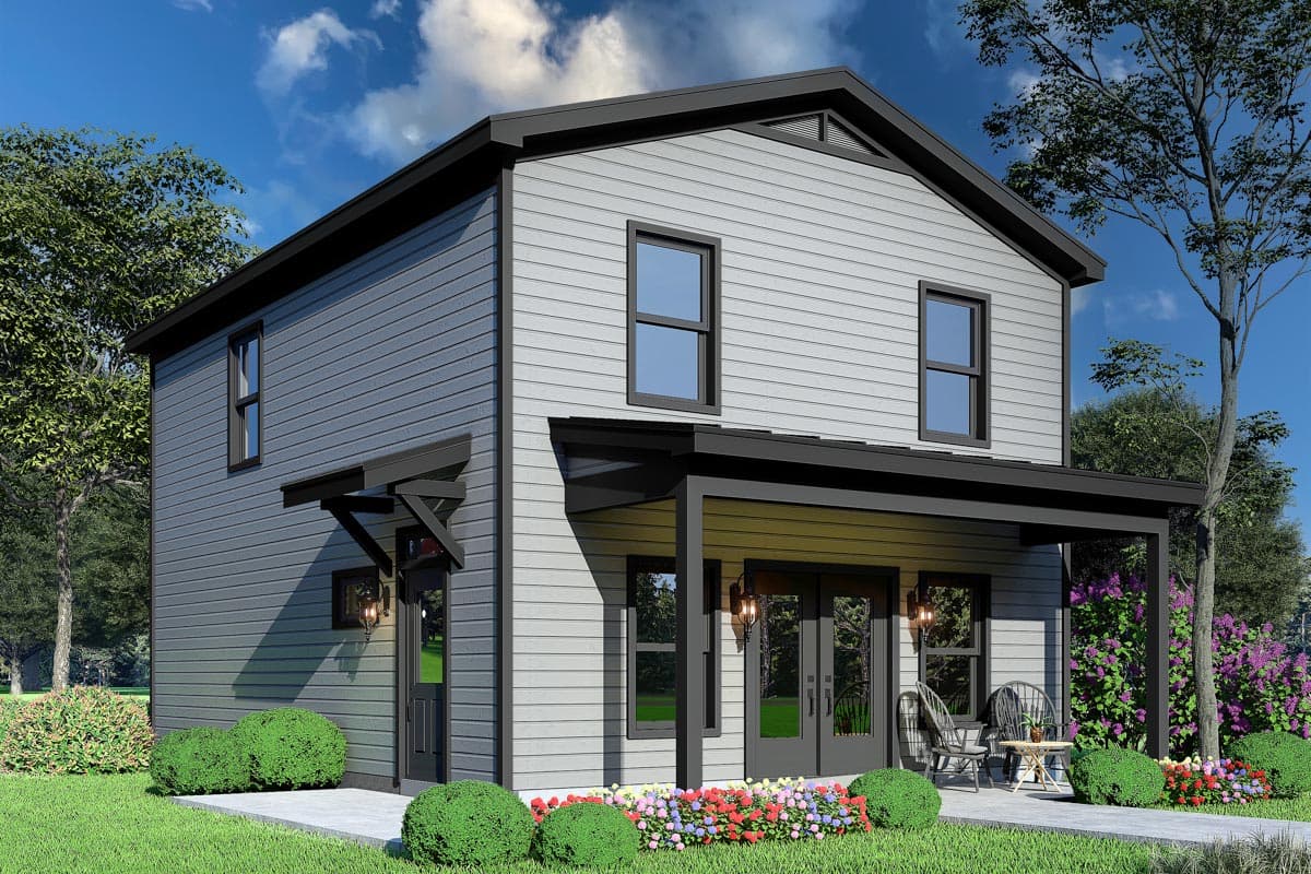 House plan exterior. Two-story with a covered porch, gable roof, and horizontal siding. Features a front door awning and double doors.