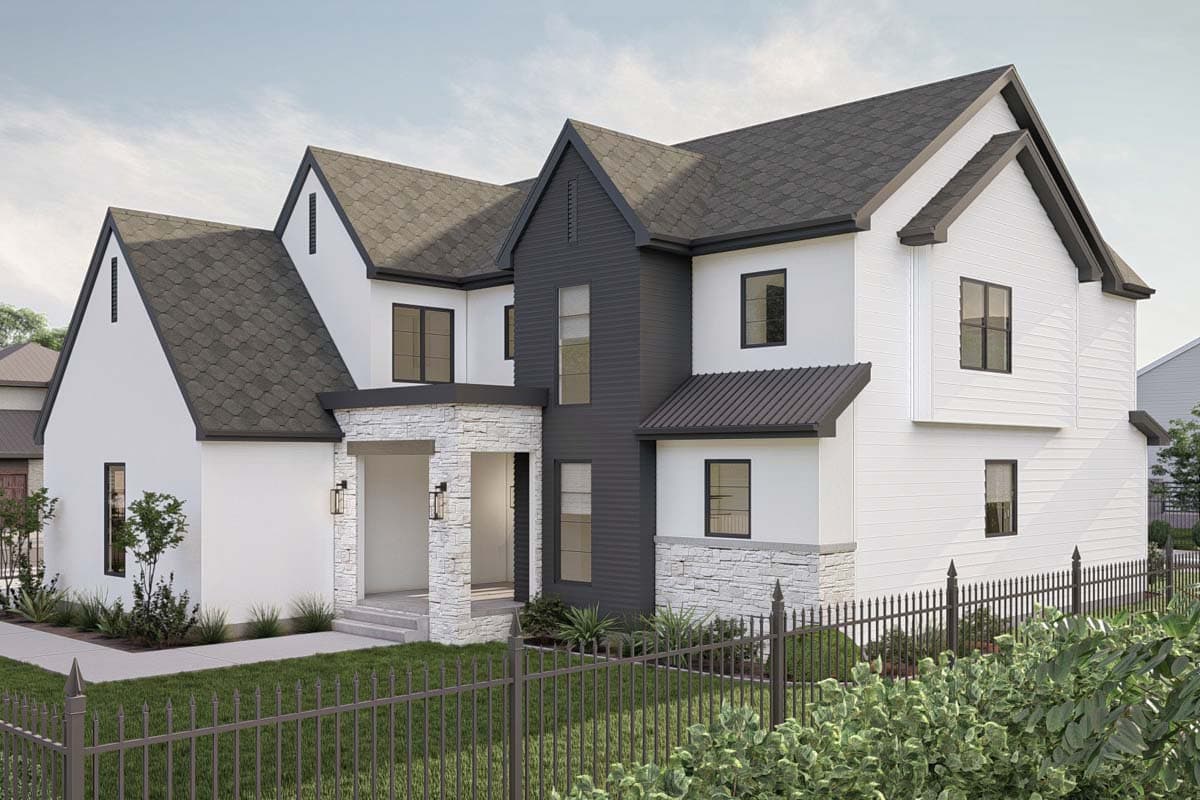 House plan exterior, two-story modern home with gables, stone entryway, and mixed siding.