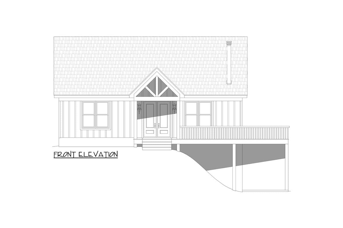 Front elevation drawing of a house plan with a prominent gable, double front doors, and a wraparound deck.