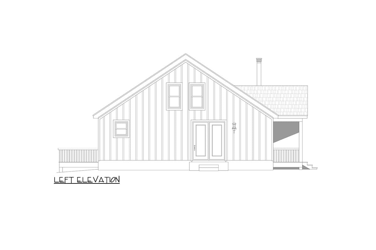 Left elevation house plan with vertical siding, gable roof, dormers, double doors, and covered porch.
