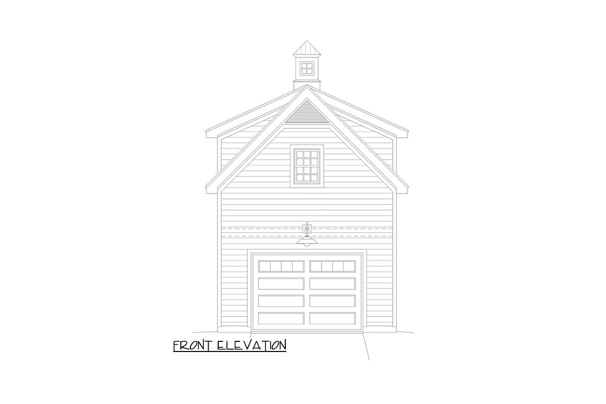 Front elevation drawing of a two-story garage with a cupola, dormer window, and multi-panel garage door.