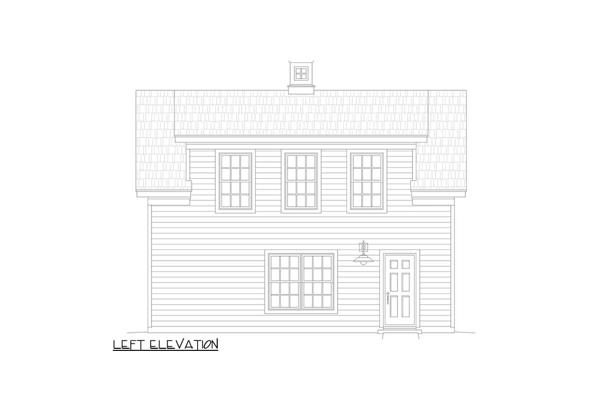 Left elevation drawing of a two-story house plan with dormer, multiple windows, and front door.