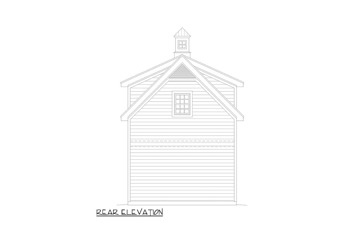 Rear elevation drawing of a two-story house plan with a gambrel roof, a dormer window, and a cupola.