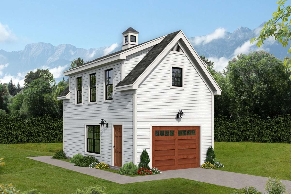 House plan exterior with two stories, gabled roof, dormer, and attached garage. Exterior features include a shed roof and board and batten siding.