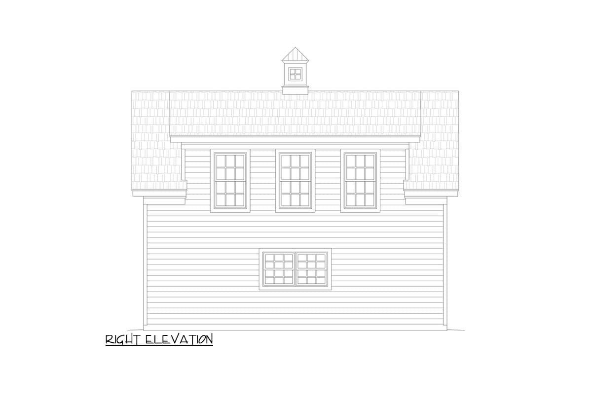 Right elevation drawing of a house plan featuring shingle siding, three upper windows, and one lower window, topped by a cupola.