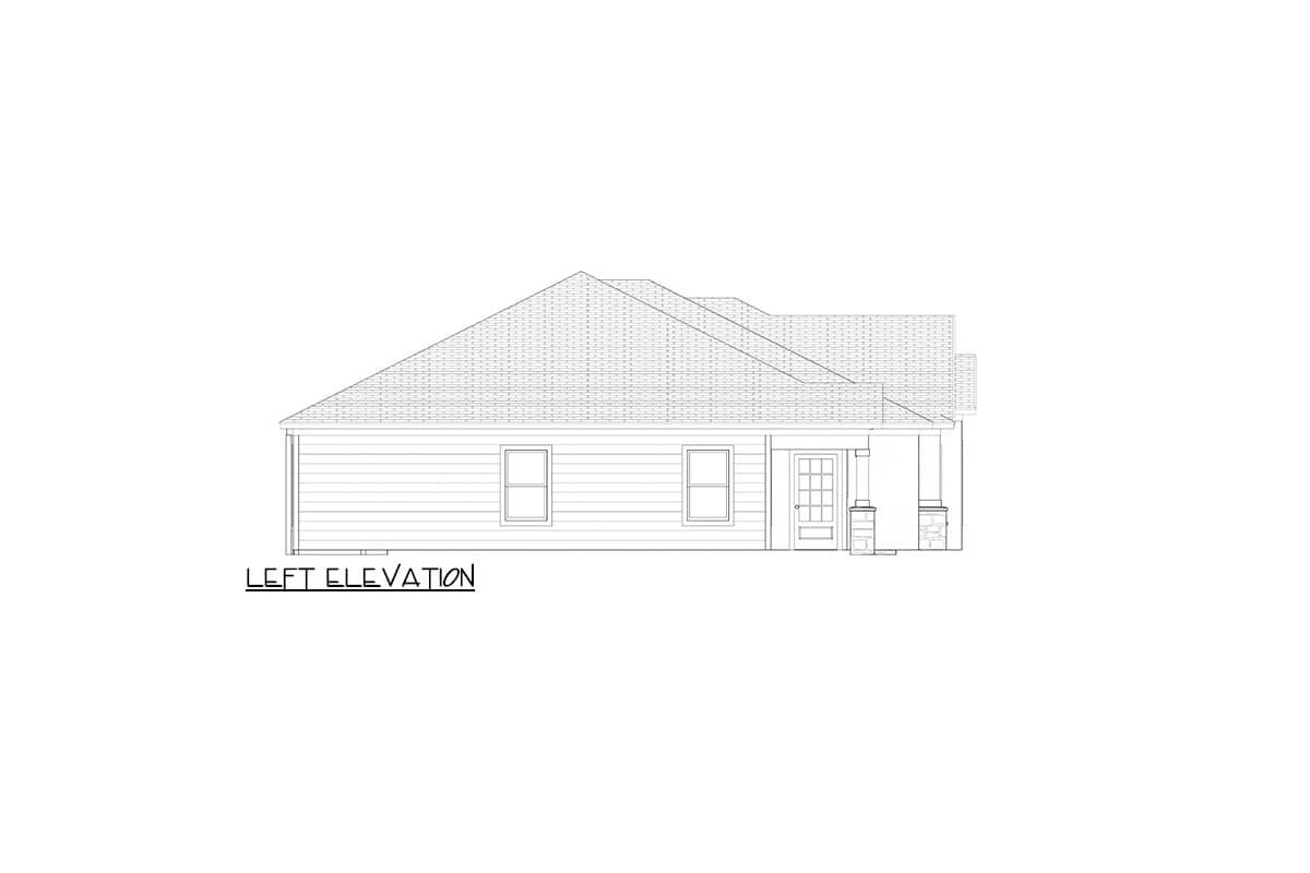 Left elevation of a one-story house plan with two windows, a front door, and a covered porch supported by stone-clad columns.