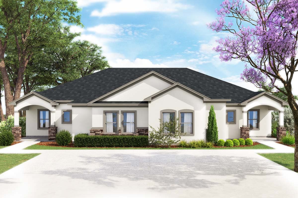 House plan exterior with stucco siding, covered porch, multiple gables, and a dark roof. Single-story, modern style home.