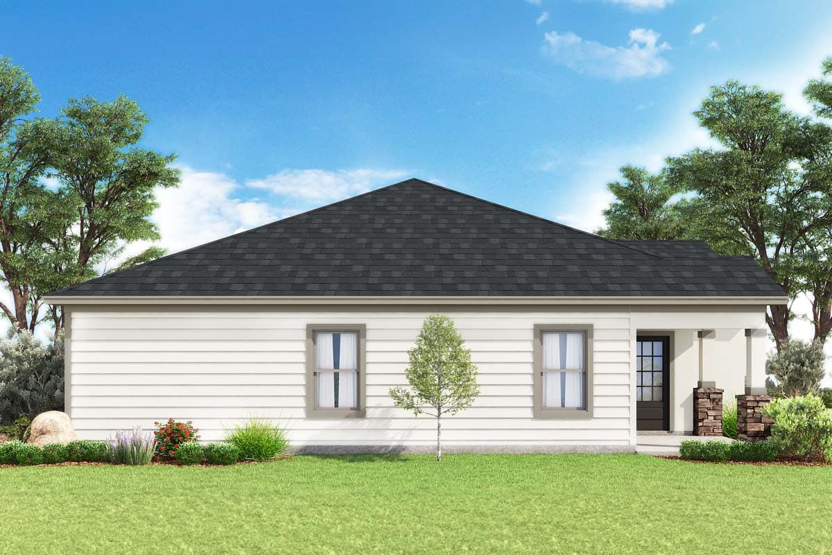 House plan exterior. One-story Ranch style with horizontal siding, gable roof, two windows, and a covered porch with stone accents.