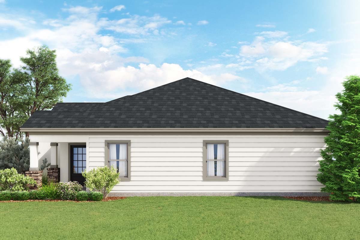 House plan exterior: Single-story home with a gable roof, covered entry with stone pillar accents, and white horizontal siding.