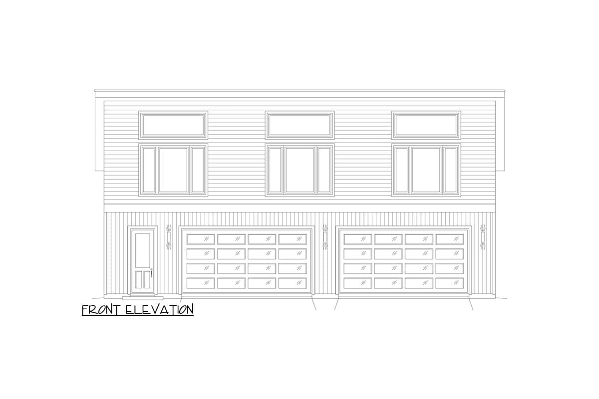 Front elevation drawing of a two-story house plan with horizontal siding, a door, two garages, and three upper windows.
