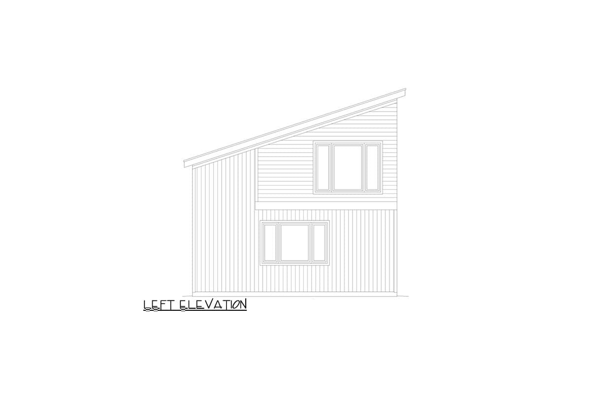 Left elevation drawing of a two-story house with a sloped roof, vertical siding on left, horizontal siding on right, and two stacked windows.