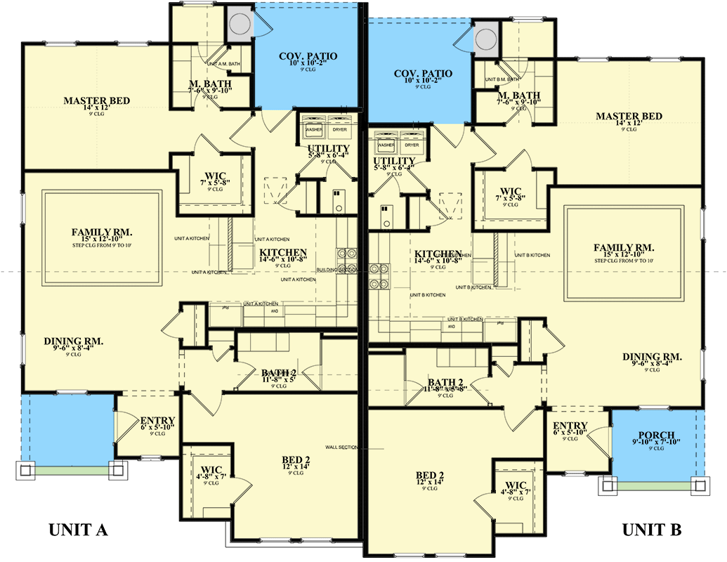 Plan 264031KMD: Southern-Style Duplex House Plan with 2 Bed 2 Bath Units - 1388 Sq Ft - Floor Plan - Main Level - European, Florida-Style, Southern, Southwest