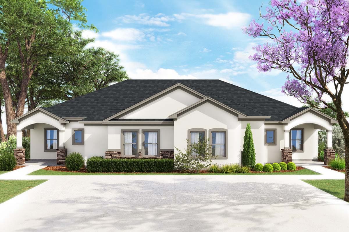 House plan exterior. Ranch style, one-story home with covered porch entries, low-slope roof, and gabled roof sections.