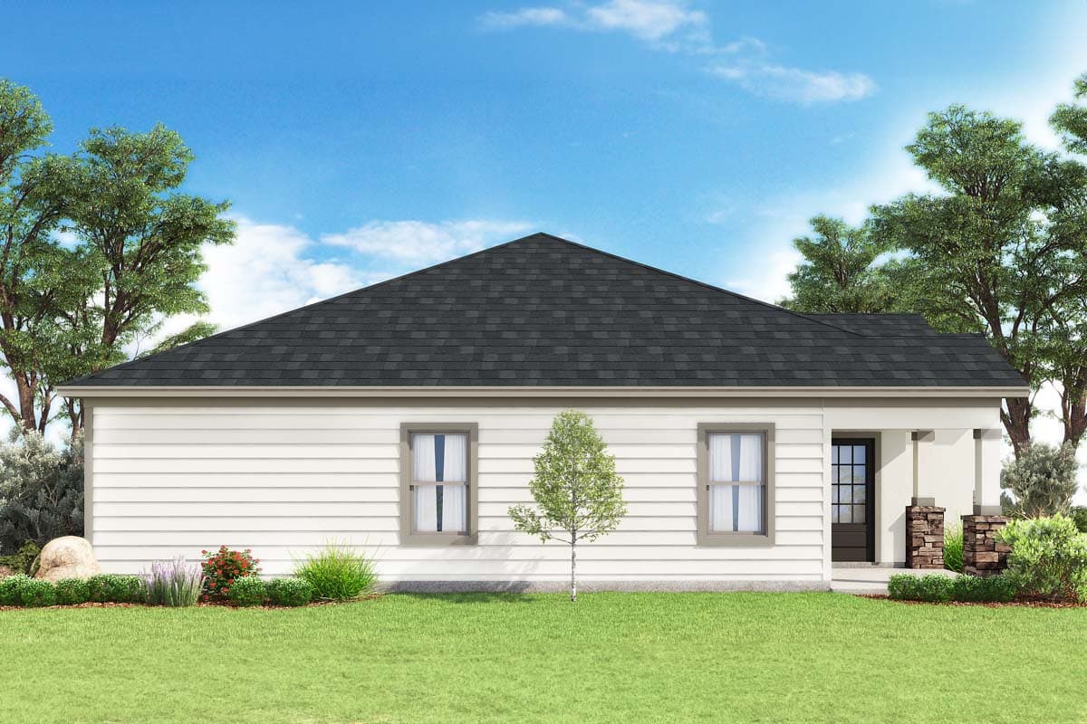 House plan exterior: Single-story home with a prominent hip roof, two windows, and a covered front entrance with stone pillars.