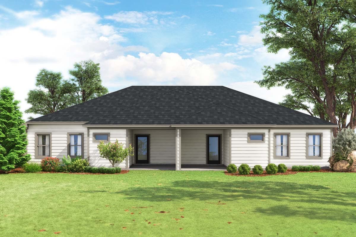 House plan exterior rendering of a single-story duplex with a hipped roof and two covered entrances.