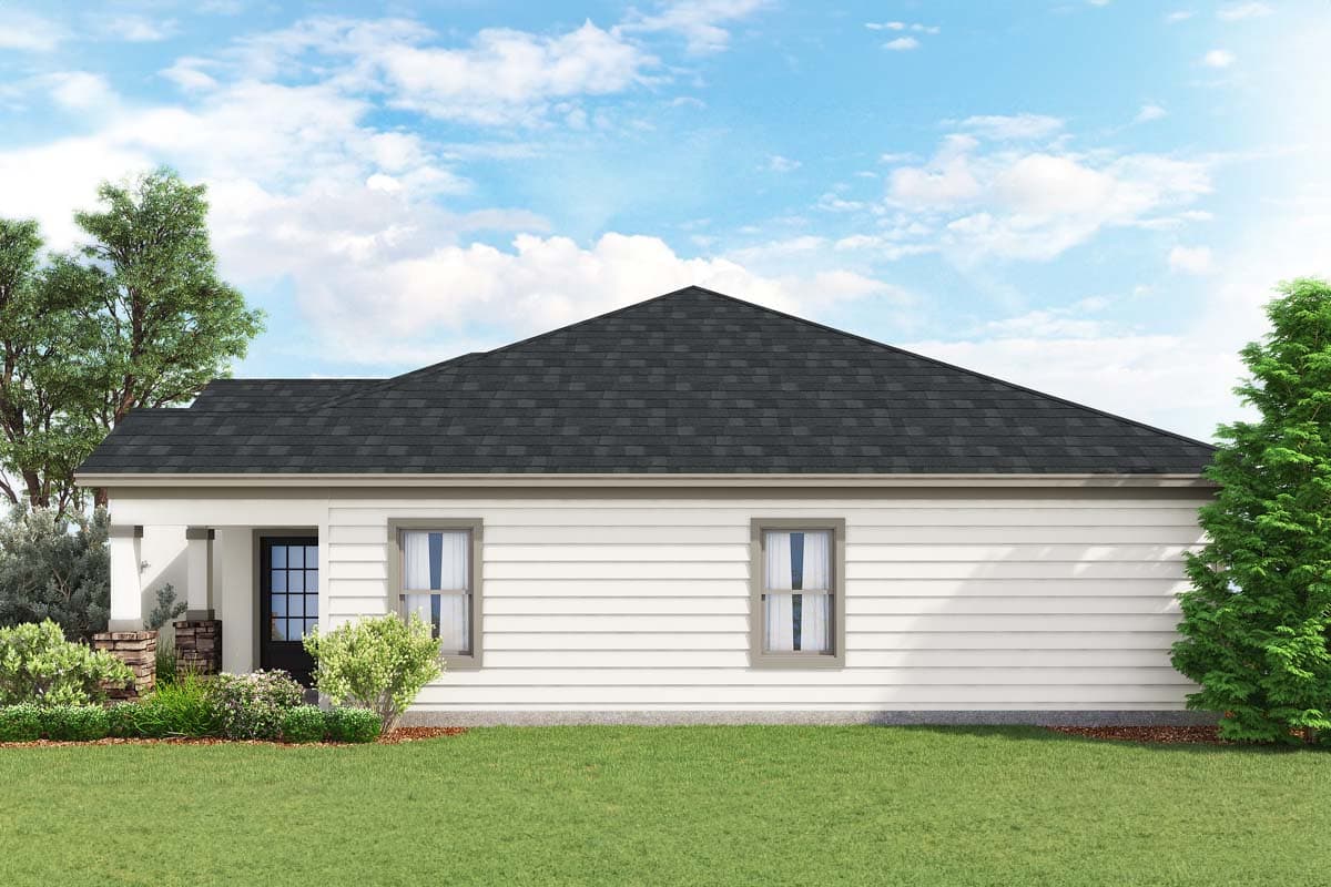 House plan exterior of a one-story home with a gabled roof, visible front door with glass panes, and two double-hung windows.