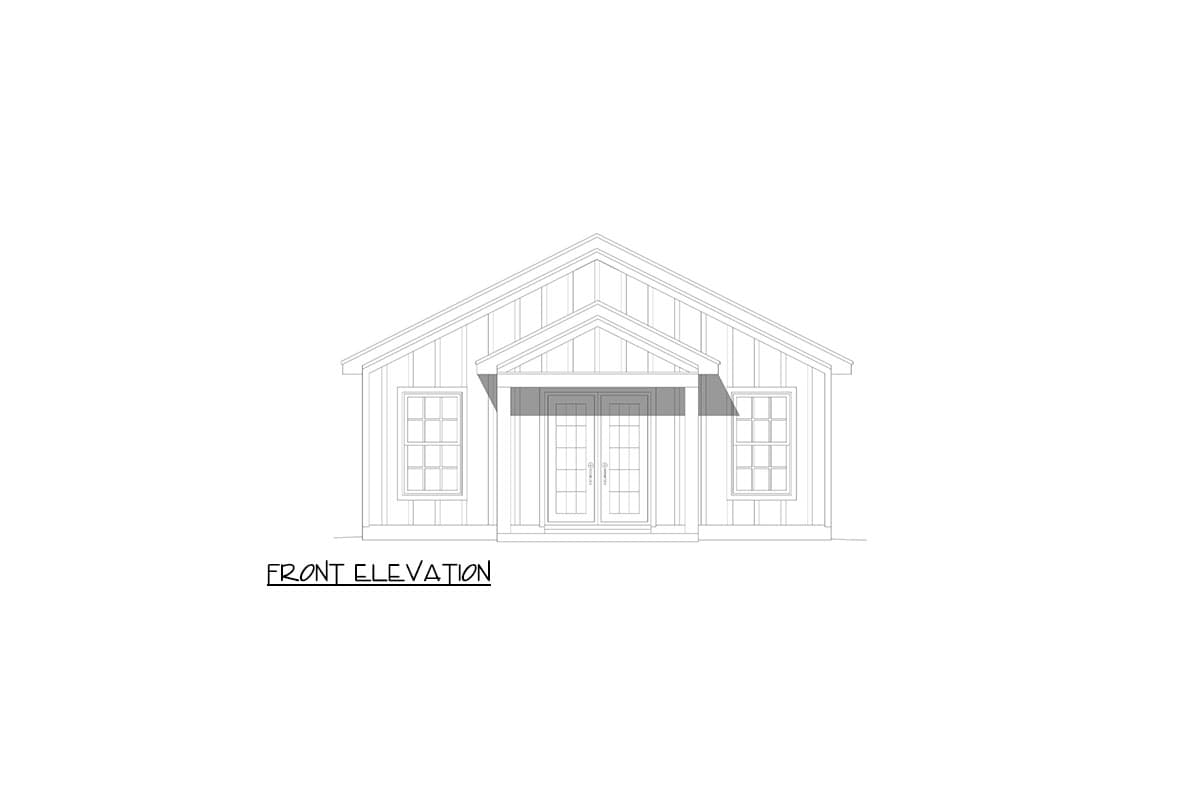 Front elevation drawing of a house with vertical siding, double doors, covered entry, and two multi-pane windows.