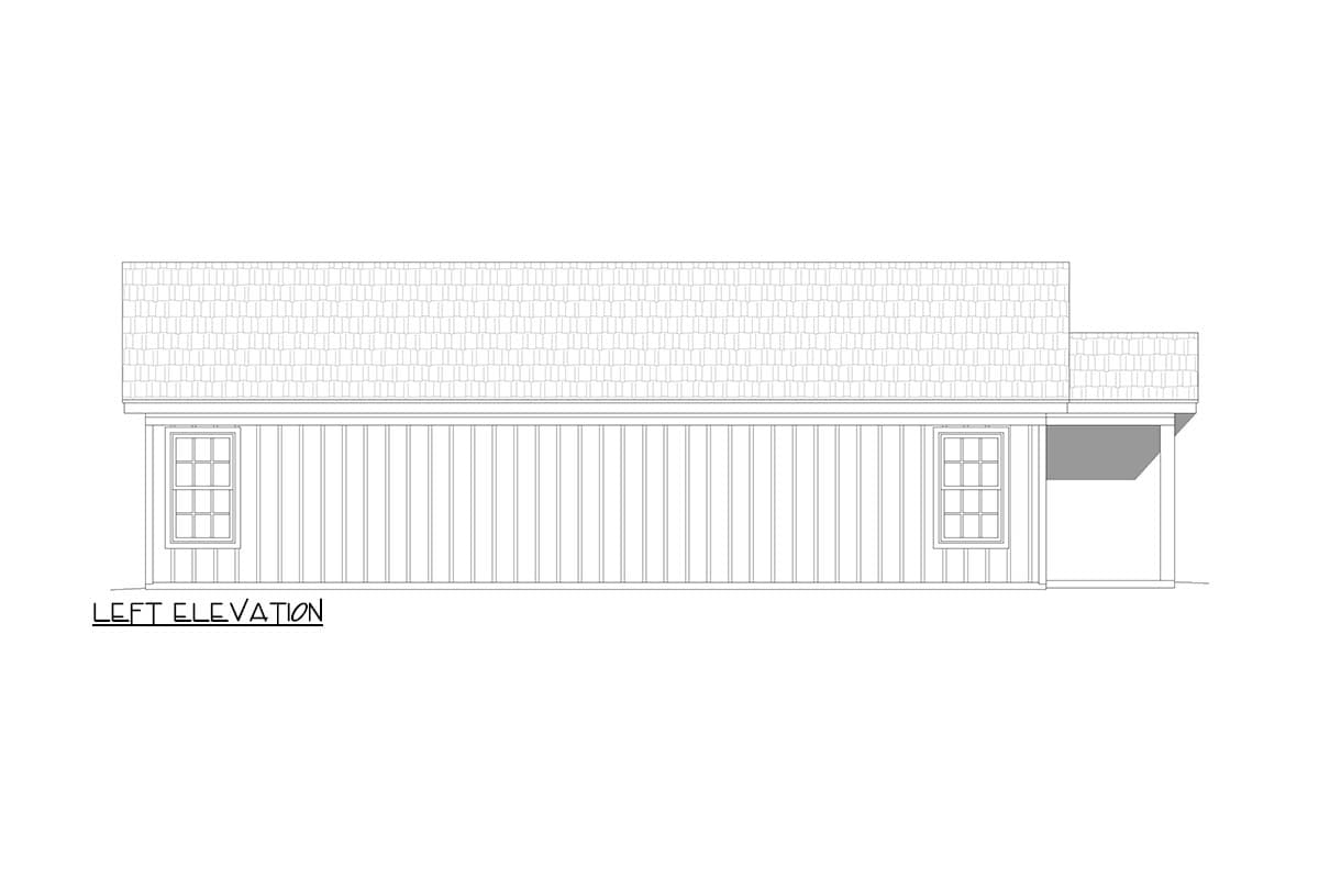 Left elevation house plan showing vertical siding, two windows, and a porch roof.