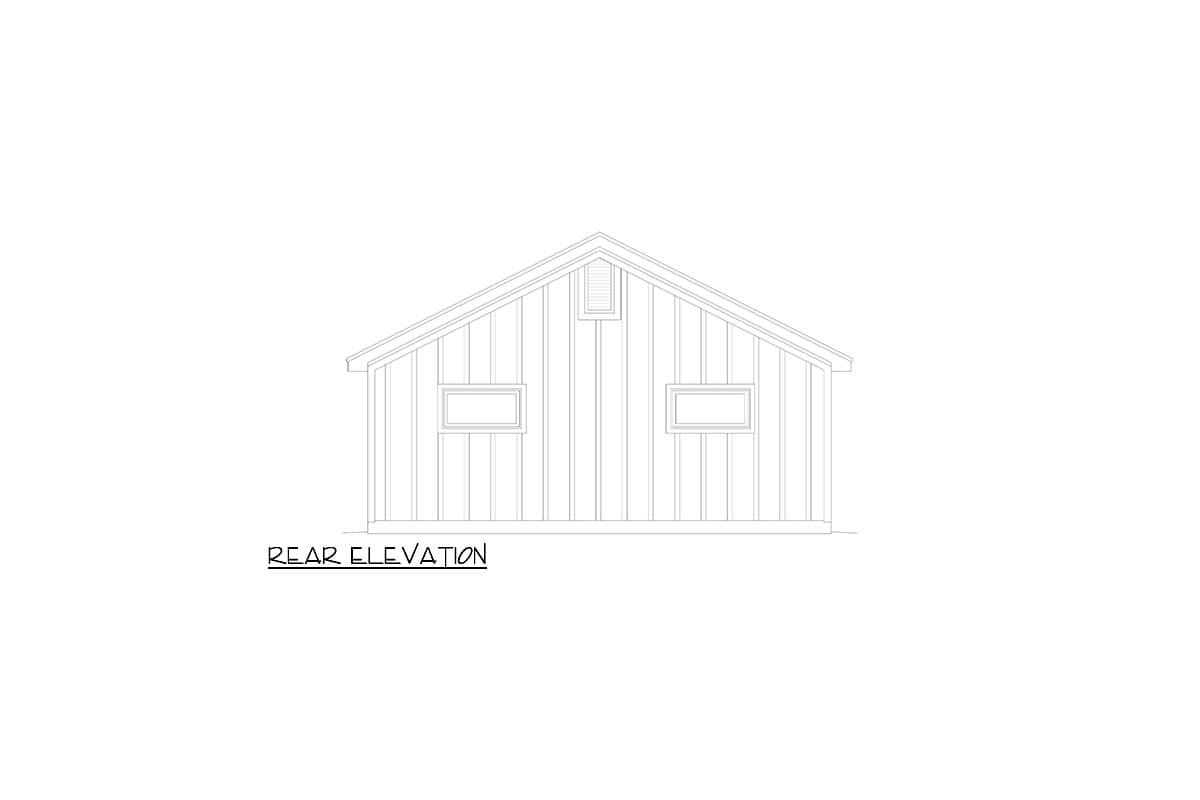 Rear elevation drawing of a single-story house with a gable roof, two rectangular windows, and a central gable vent.