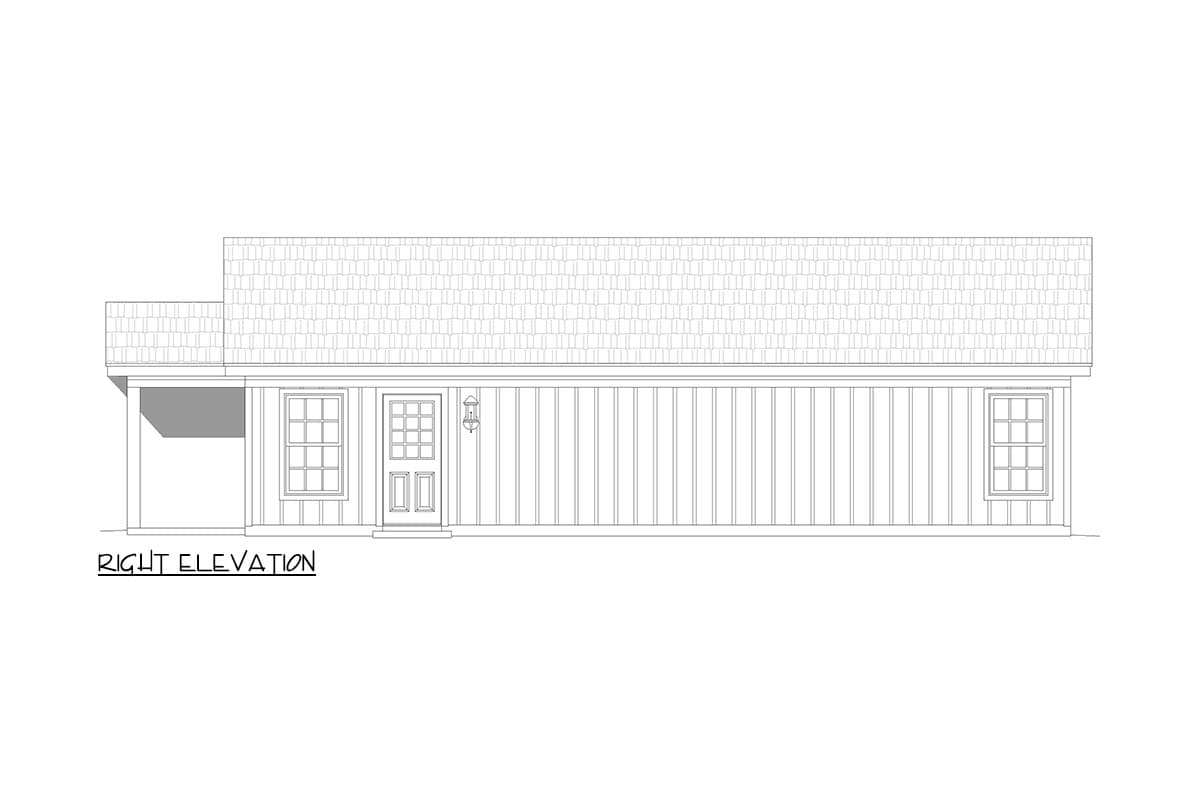Right elevation house plan: single-story, gable roof, front door with sidelights, two windows, and covered porch.
