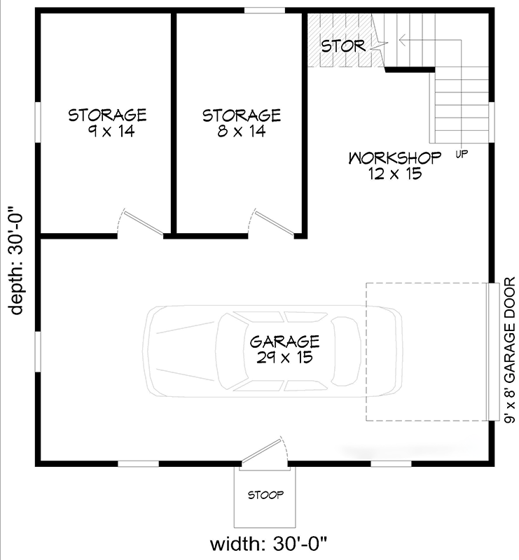 Plan 680247VR: One-Car Garage with Workshop, Storage and Loft - 900 Sq Ft - Floor Plan - Main Level - Traditional