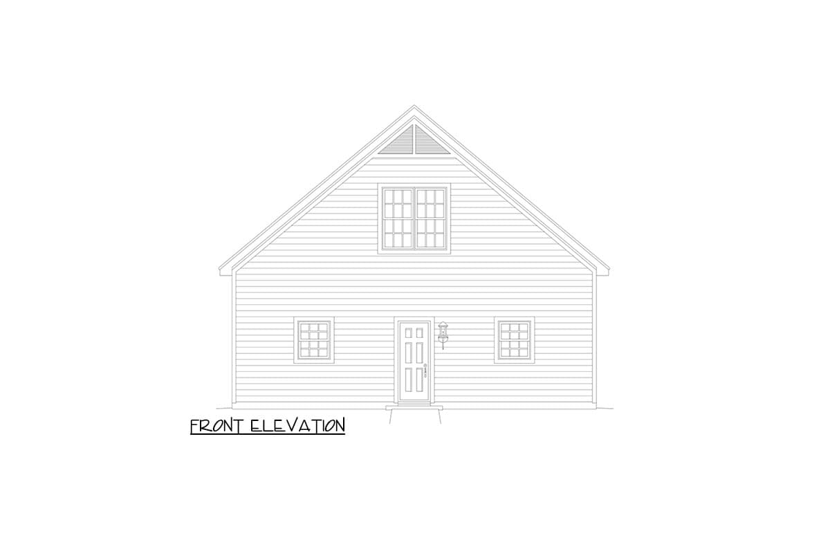 Front elevation drawing of a house plan featuring horizontal siding, a central door, and two windows.