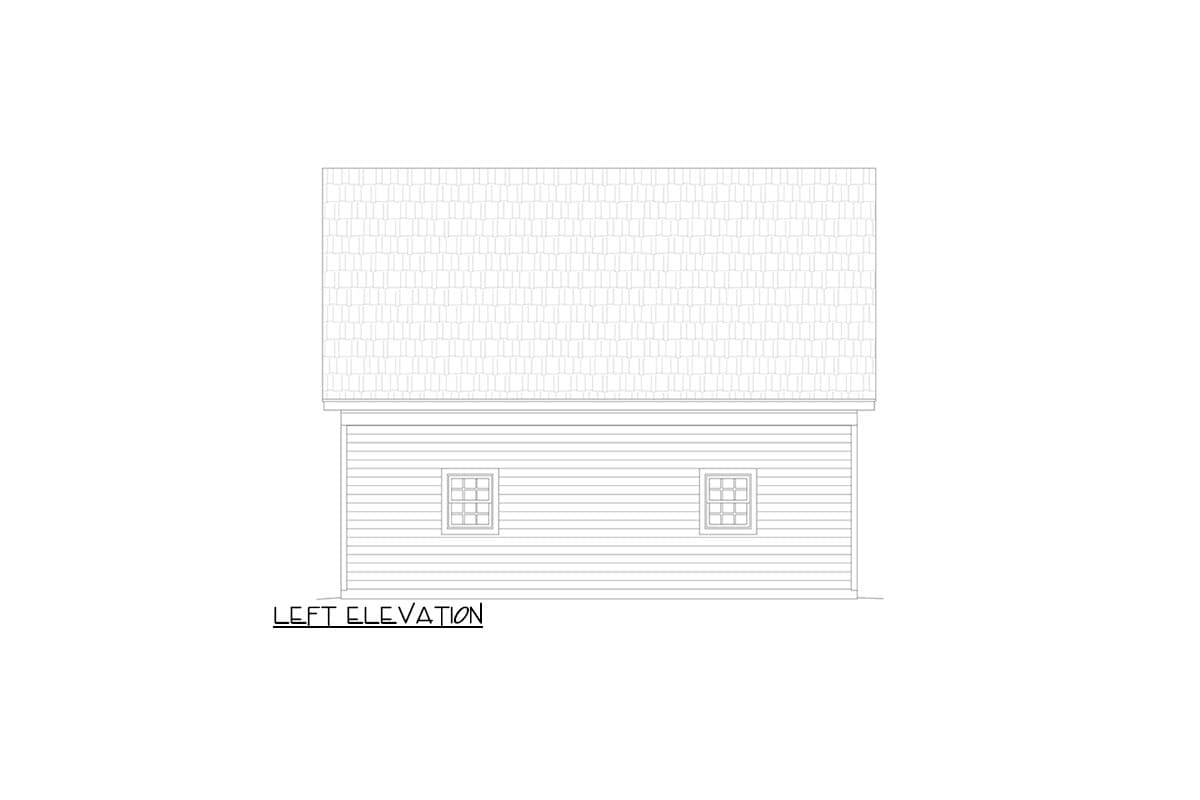 Left elevation house plan drawing showing a gabled roof and two windows on the clapboard siding.