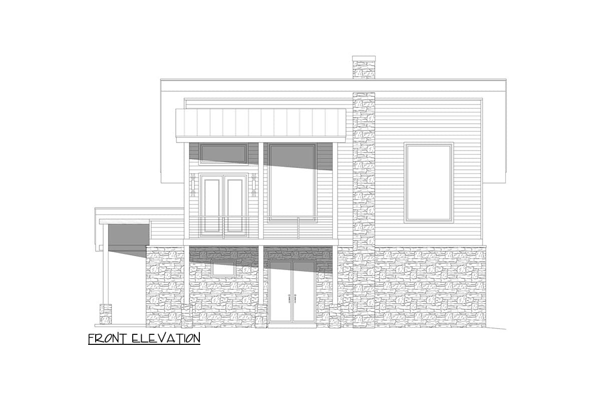 Front elevation drawing of a two-story house with stone base, siding, dual front doors, balcony, and chimney.