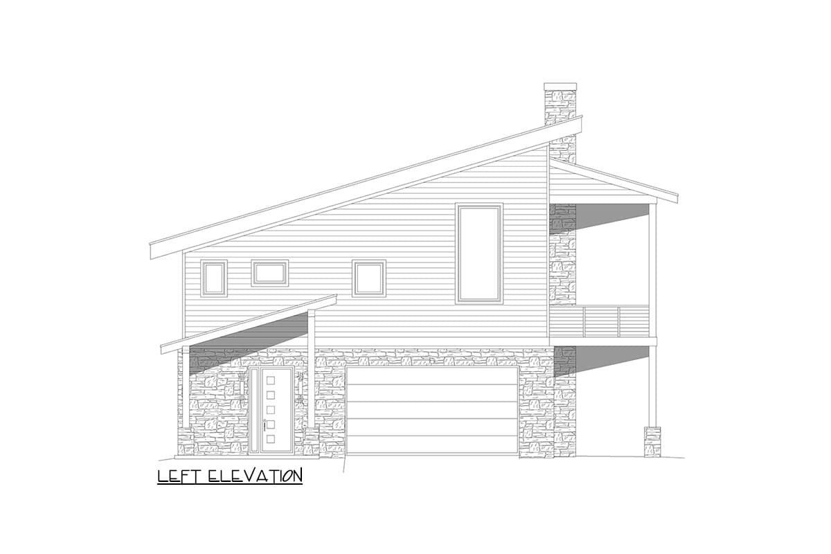 Left elevation house plan showing two stories, sloping roof, stone base, garage, and covered porch.