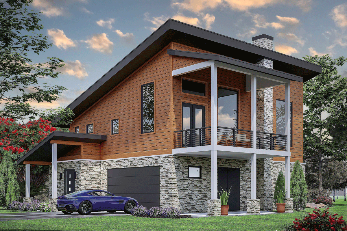 House plan exterior. Two-story Modern house with a combination of wood siding and stone, an elevated balcony, and a side-entry garage.