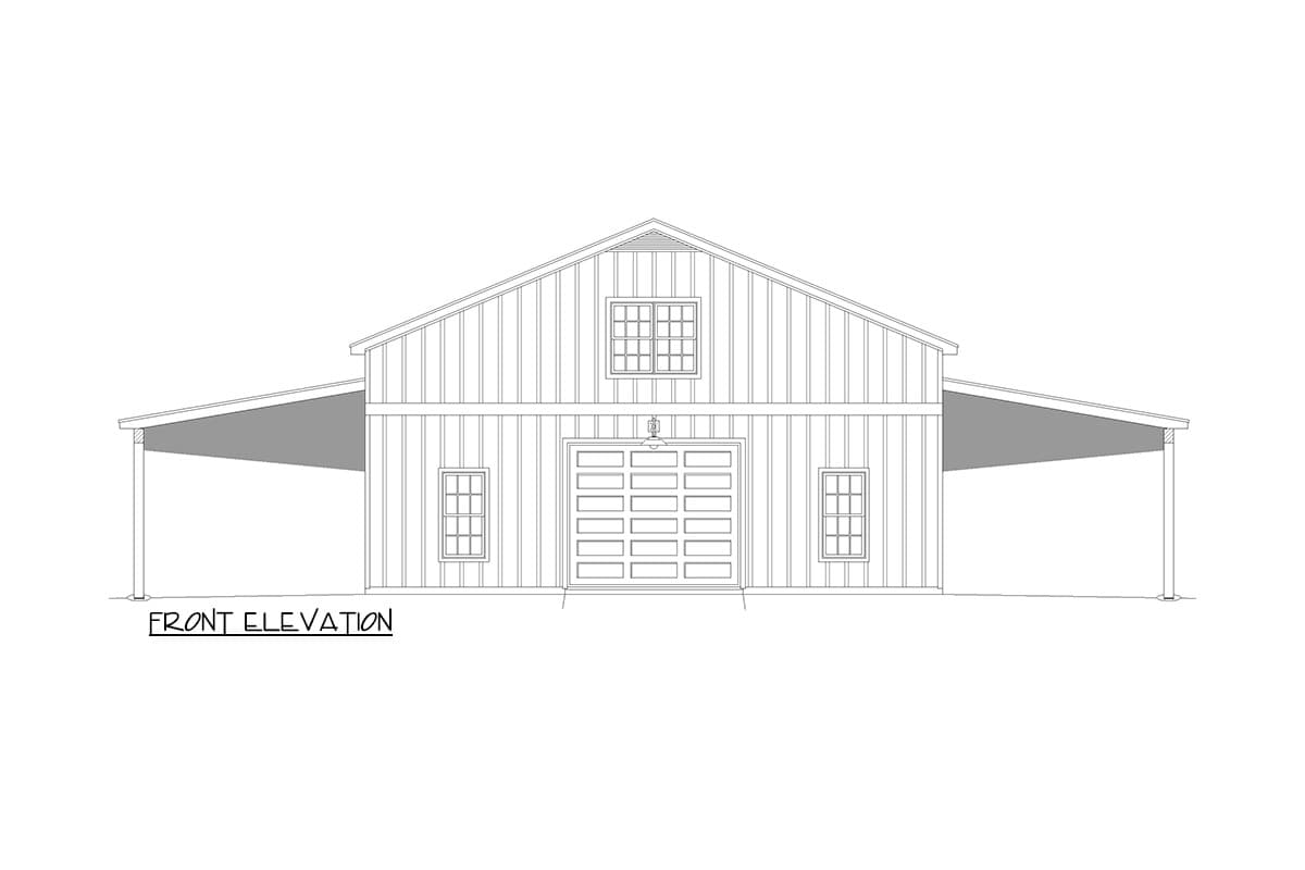Front elevation drawing of a barn-style house plan with board and batten siding, a large garage door, and two covered side porches.