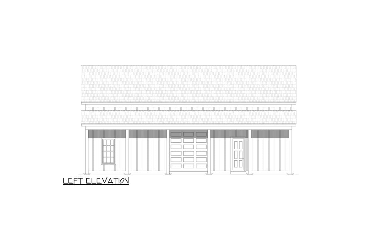 Left elevation house plan drawing showing a two-story building with a covered front porch, a garage door, and a side door.