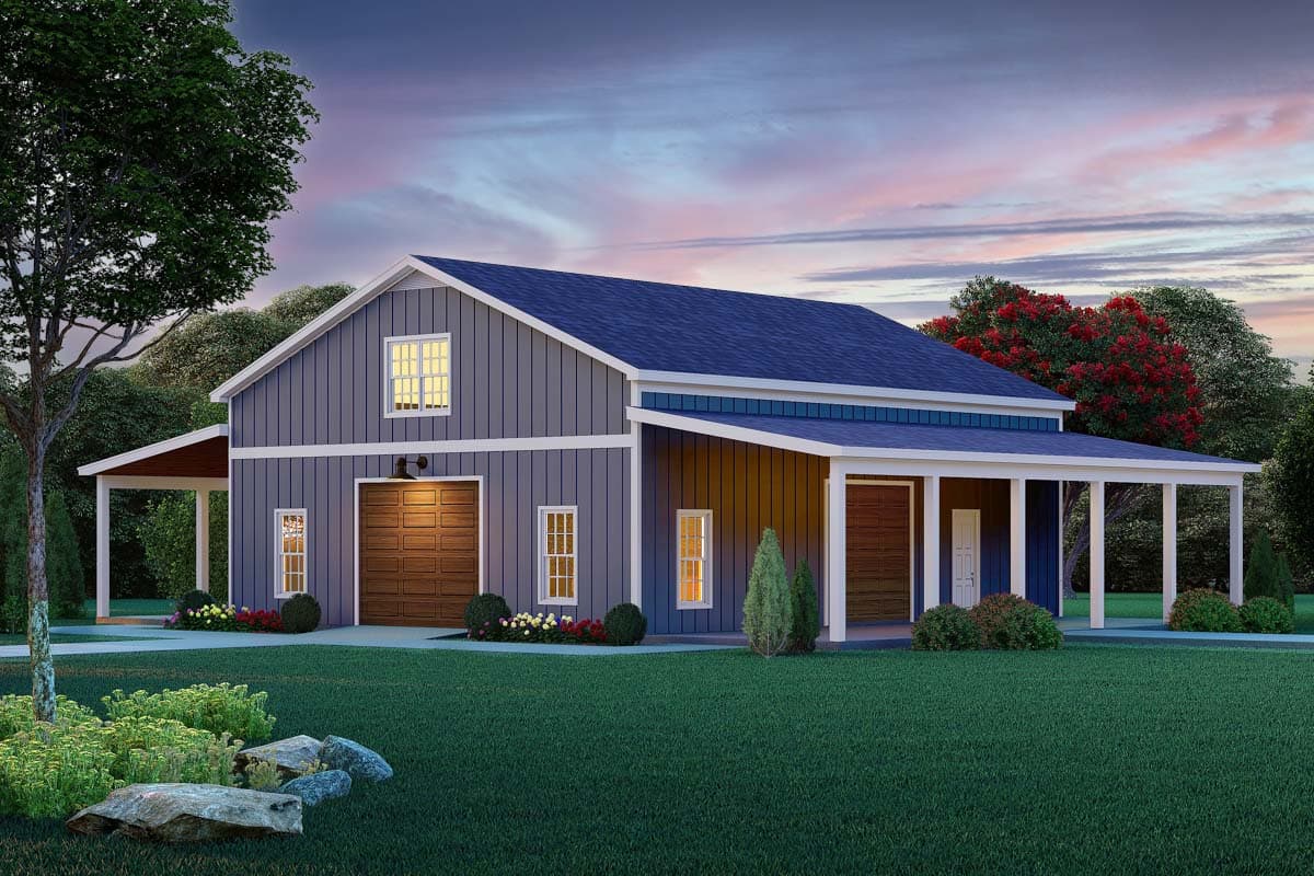 House plan exterior. Two-story barn-style house with a covered porch and garage. Features a gable roof and multiple windows.