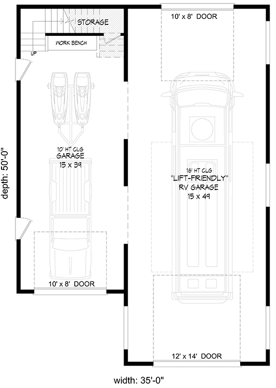 Plan 680251VR: RV-Friendly Garage Plan with 1602 Sq Ft of Parking and a 615 Sq Ft Loft - Floor Plan - Main Level - Contemporary