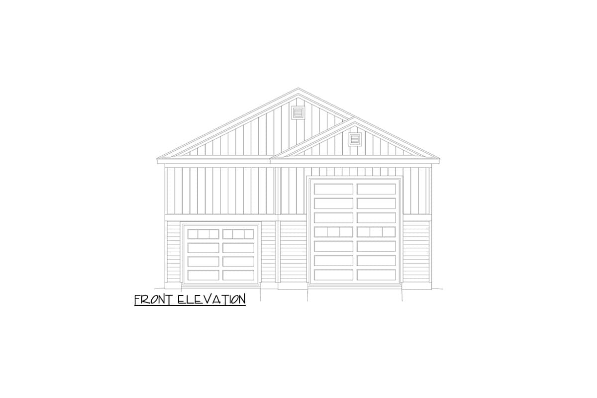 Front elevation drawing of a two-car garage with a smaller single-car garage, featuring vertical siding and gable roof.