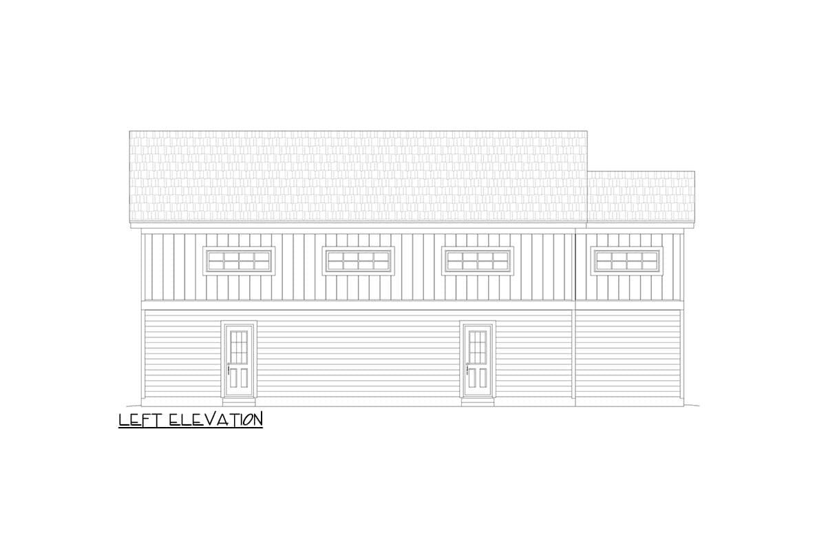 Left elevation drawing of a house plan featuring clapboard siding, double doors, and multi-pane windows.