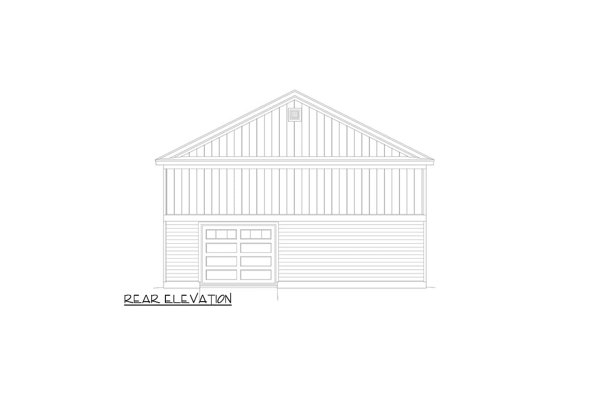 Rear elevation drawing of a house with a gabled roof, board and batten siding, and a multi-panel garage door.