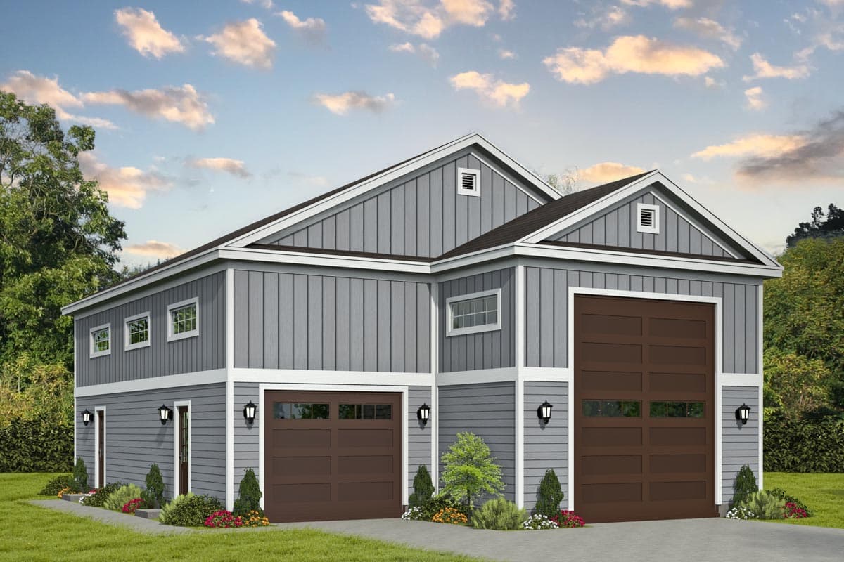 House plan exterior with two stories and two attached garages. Features include gabled rooflines, vertical siding, and multiple windows.