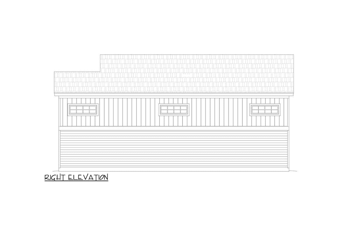 Right elevation drawing of a house plan featuring horizontal siding below vertical siding and three small, rectangular windows.