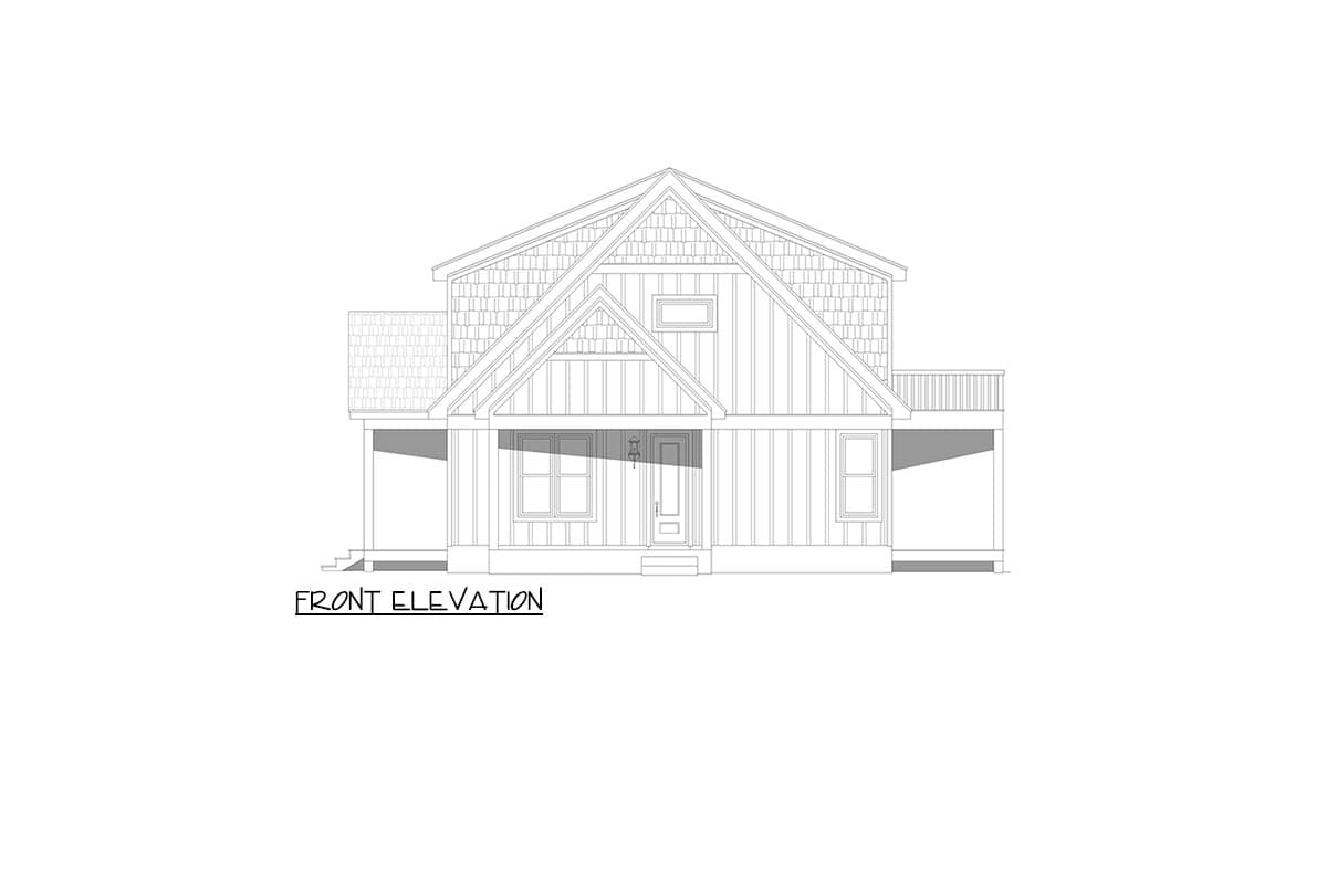 Front elevation drawing of a house plan featuring a gabled roof, covered porch with columns, and varied siding.