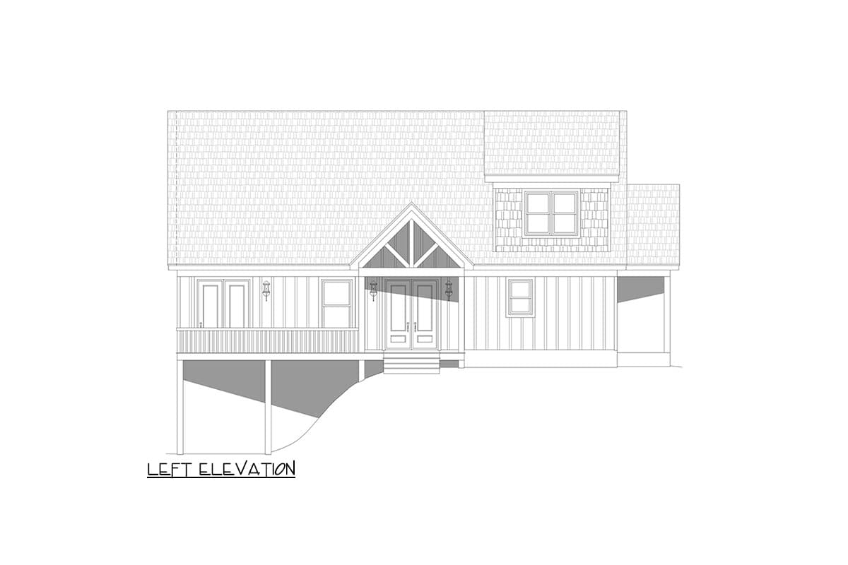 Left elevation drawing of a two-story house plan with a covered porch, gabled entrance, and dormer window.