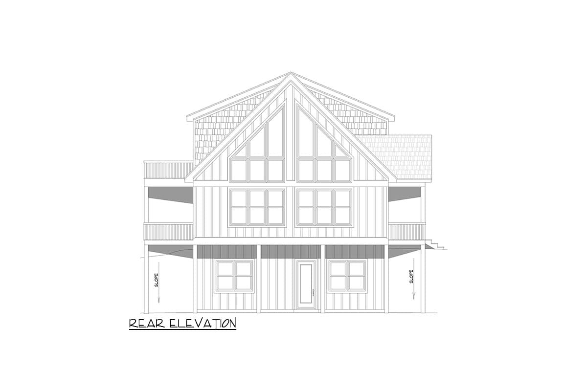 Rear elevation drawing of a house with multiple stories, gabled roof, balconies, and prominent window arrangements.